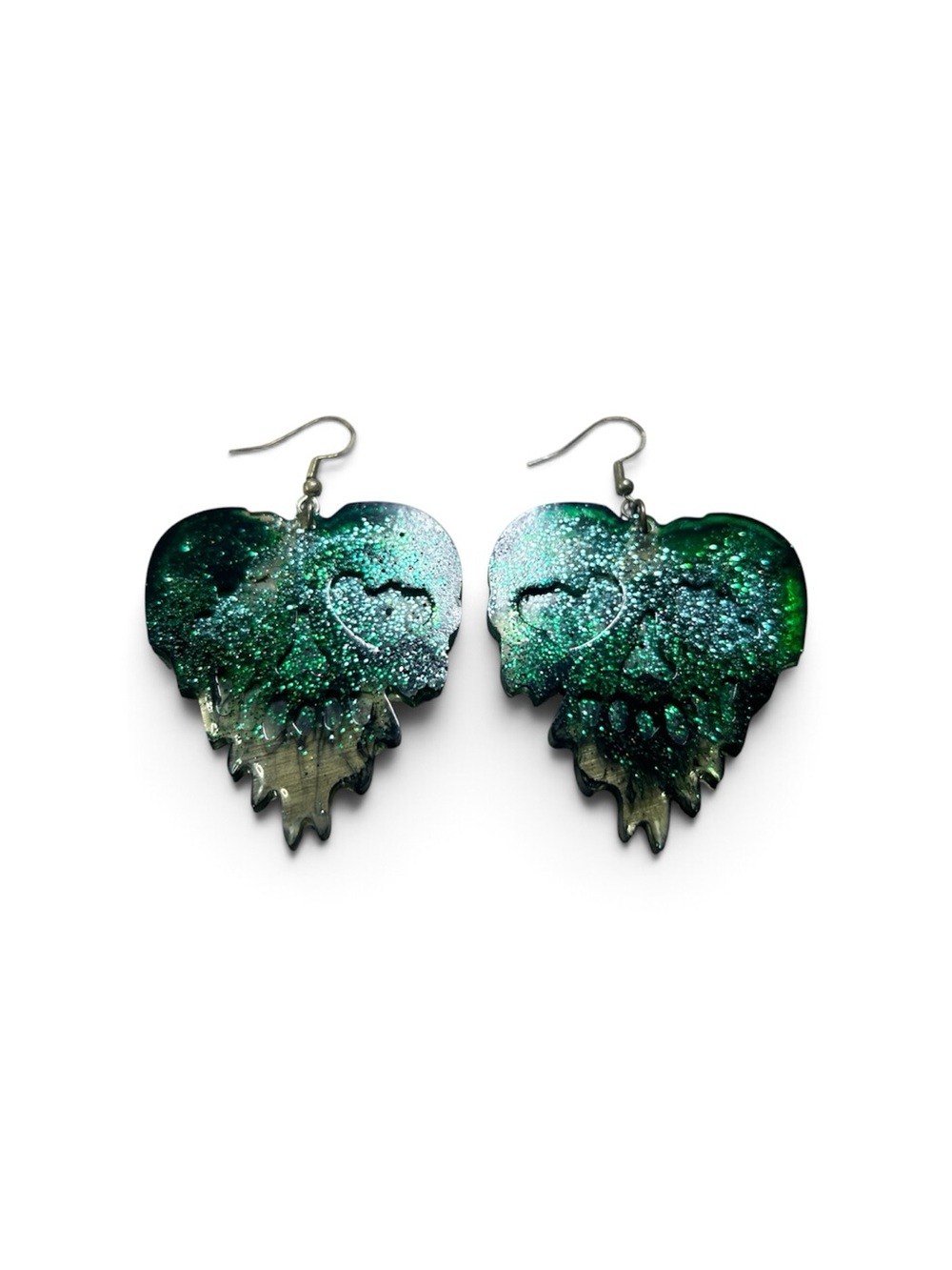 Green Glitter Heart Drop Earrings for Women